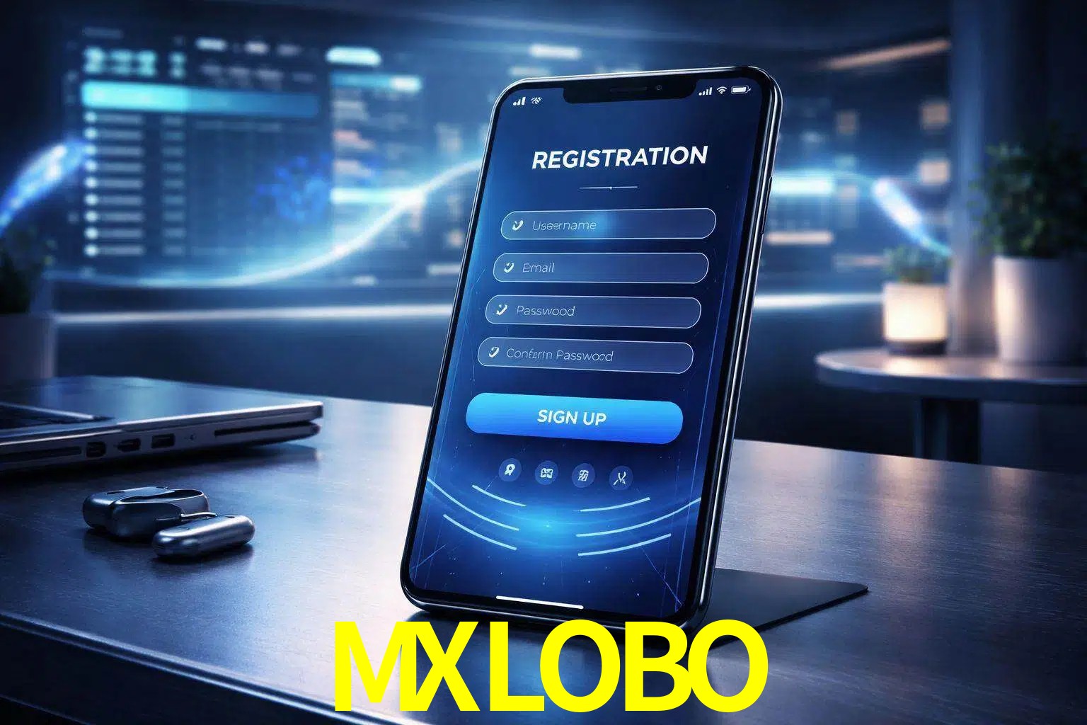Una interfaz moderna de registro móvil para MXLOBO mostrada en un smartphone con un panel de apuestas elegante.